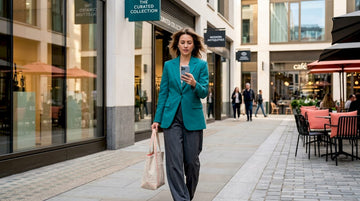 Woman walking in structured blazer on city street