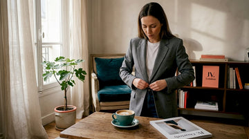 Woman buttoning blazer in Paris apartment