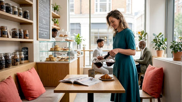 Woman in teal midi dress pouring coffee