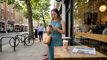 Woman in tank dress in city sidewalk setting
