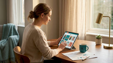 Woman browsing online catalogue at home