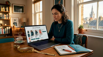 Woman browsing UK fashion online on laptop