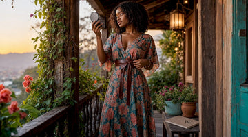 Woman styling maxi dress with belt in bedroom