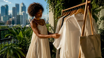 Woman selecting clothes in minimalist wardrobe