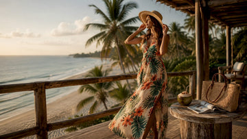 Woman adjusting hat in resort casual outfit on balcony