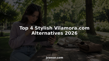 Young woman browsing fashion online at cafe table