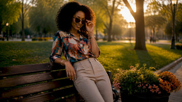 Woman wearing vibrant printed blouse outdoors