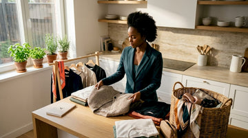 Woman styling functional fashion wardrobe in loft