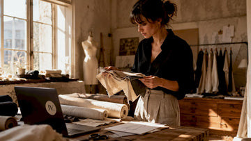 Designer examining natural fabric swatches indoors