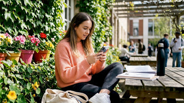 Student using smartphone for fashion discounts outdoors