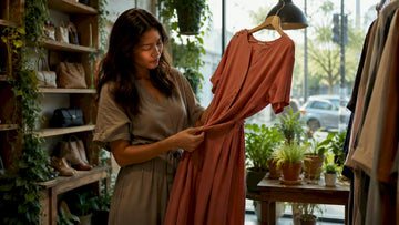 Woman examining dress in boutique fitting room