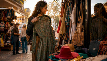 Young woman trying on affordable dress in boutique
