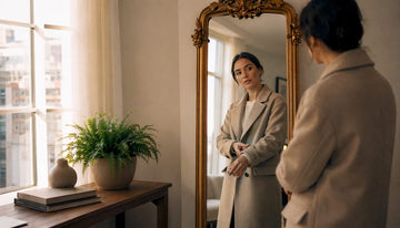 Woman in tailored coat adjusting cuff indoors