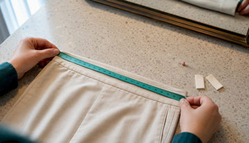 Hands measuring an anonymous clothing waistband
