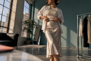 Editorial styling of a draped slip skirt outfit