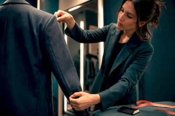 Shopper checking blazer shoulder fit