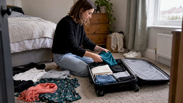 Woman packing a compact travel capsule wardrobe