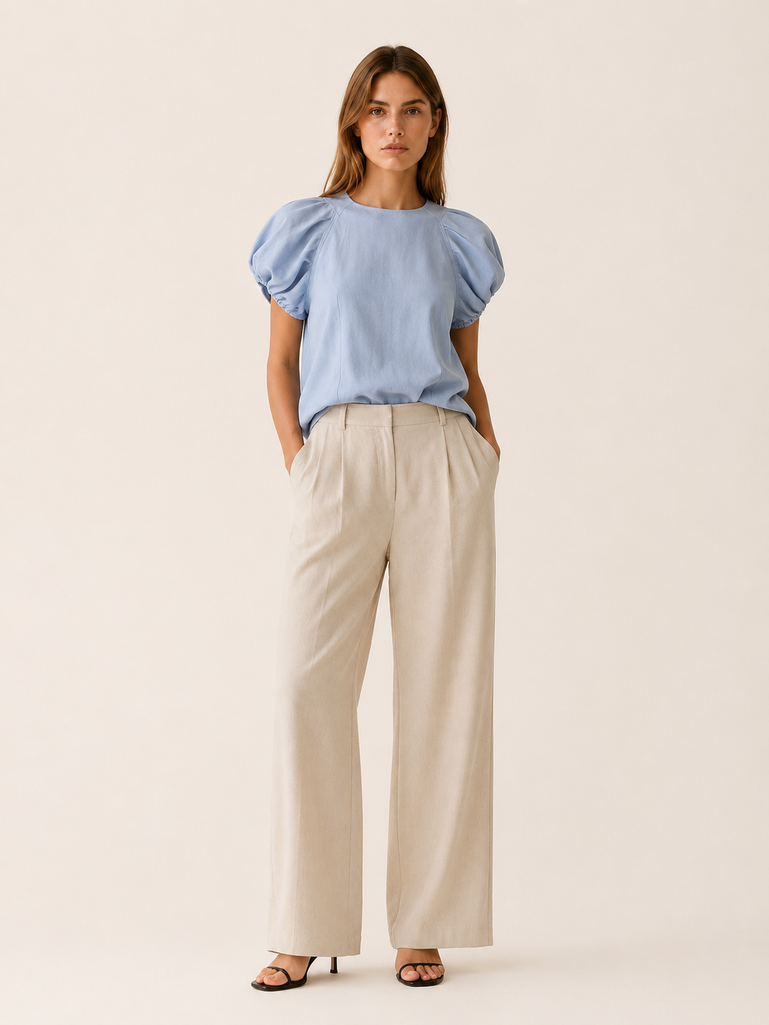 Amelia | Puff Sleeve Cotton Top with Loose Fit Blue Cotton T-Shirt