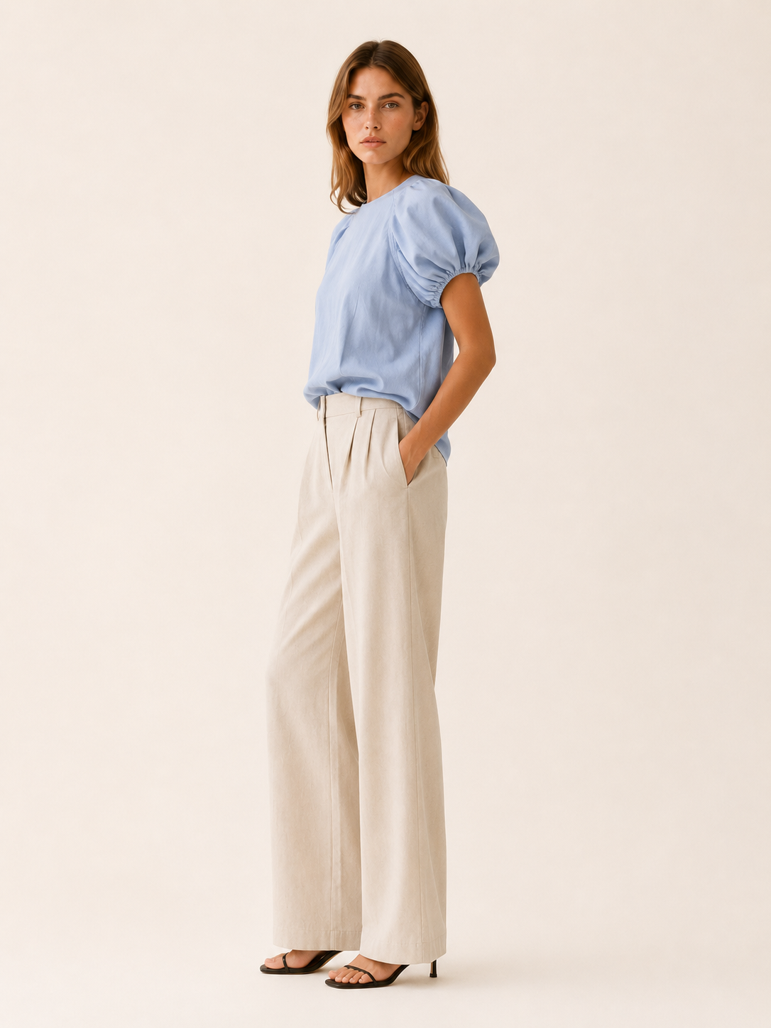 Amelia | Puff Sleeve Cotton Top with Loose Fit Blue Cotton T-Shirt