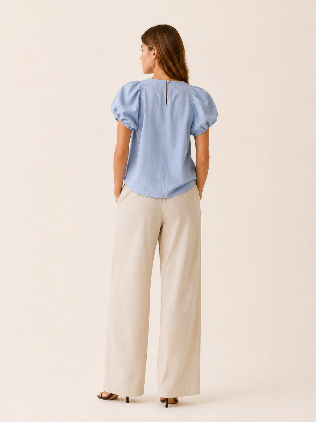Amelia | Puff Sleeve Cotton Top with Loose Fit Blue Cotton T-Shirt