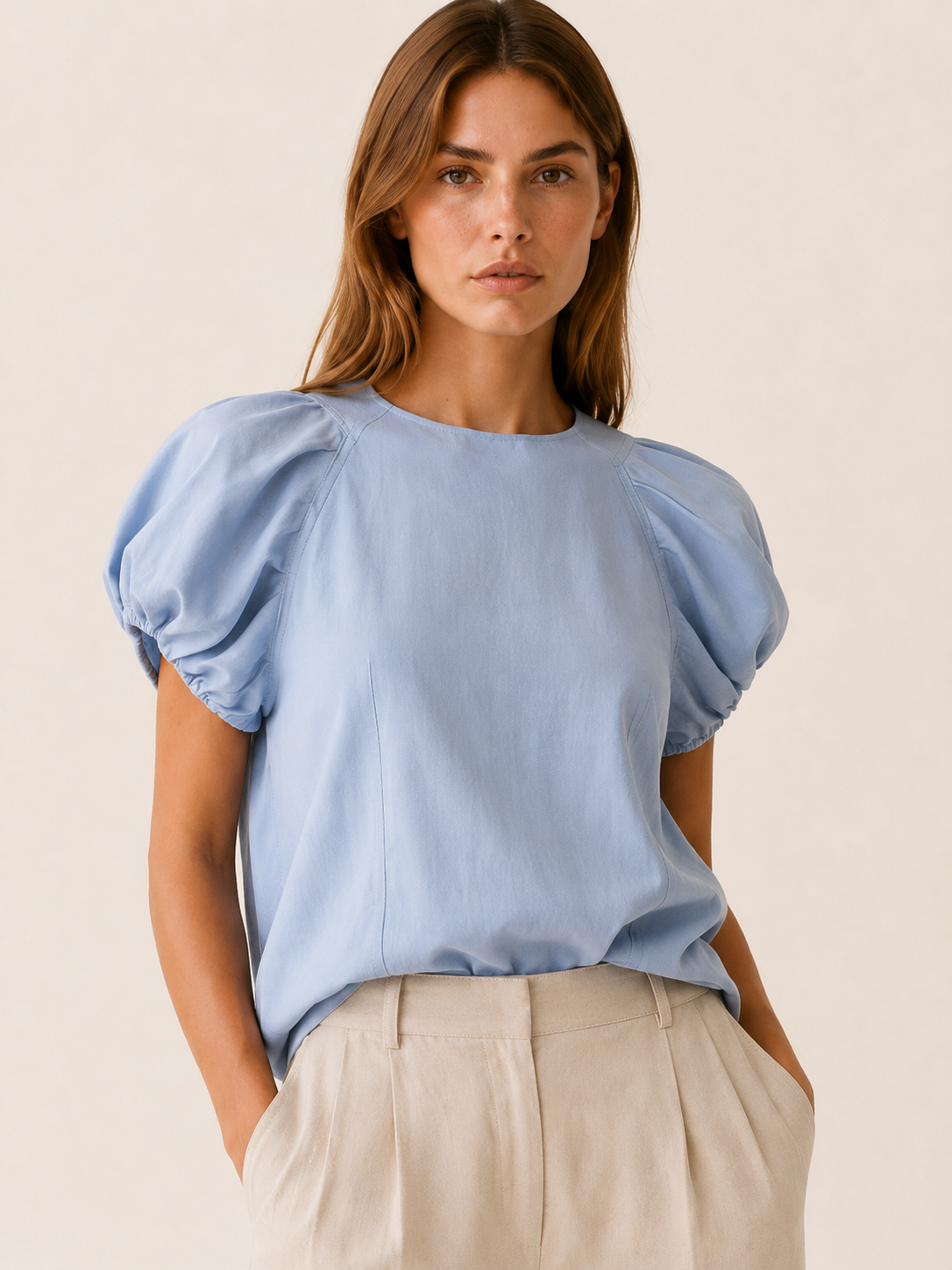 Amelia | Puff Sleeve Cotton Top with Loose Fit Blue Cotton T-Shirt