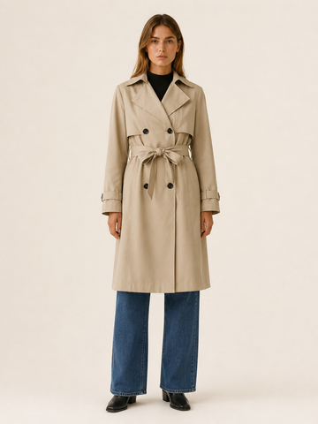 Melisande | Long Trench Coat with Tie Waist and Double-Breasted Front