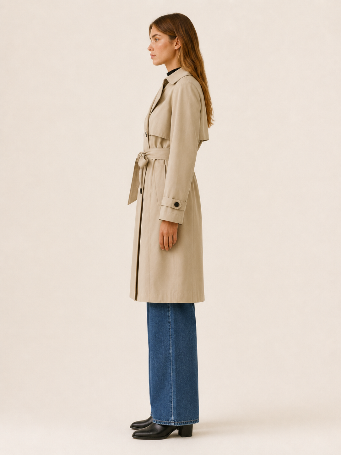 Melisande | Long Trench Coat with Tie Waist and Double-Breasted Front