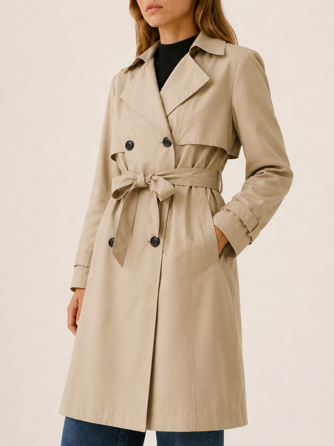 Melisande | Long Trench Coat with Tie Waist and Double-Breasted Front
