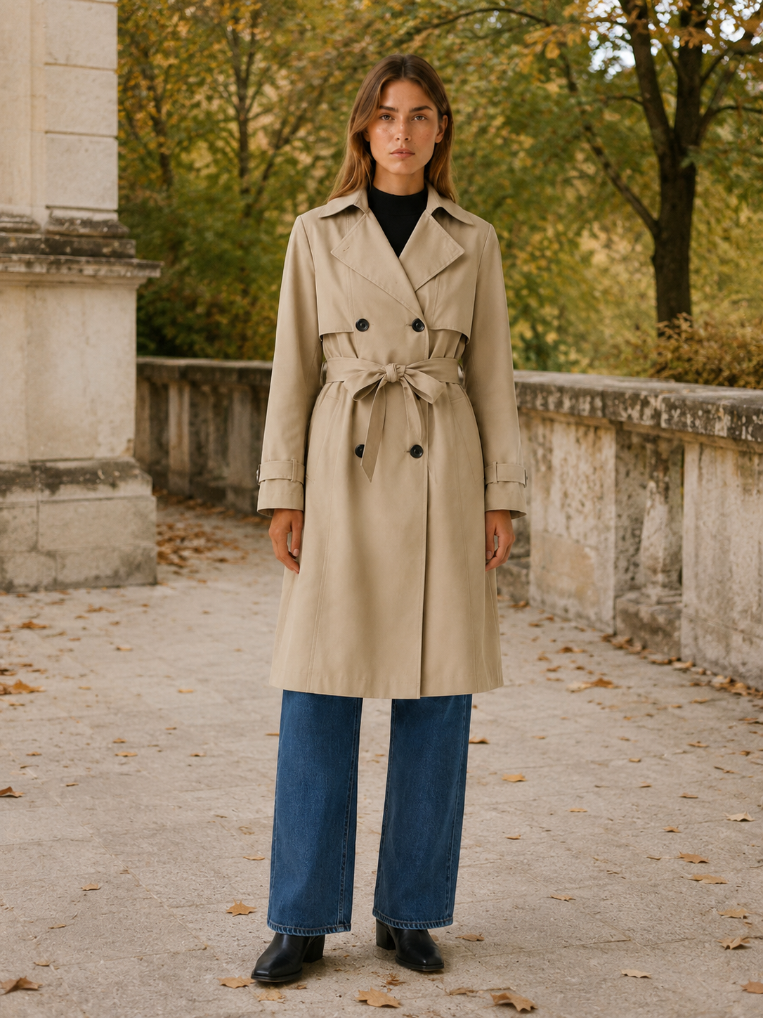 Melisande | Long Trench Coat with Tie Waist and Double-Breasted Front