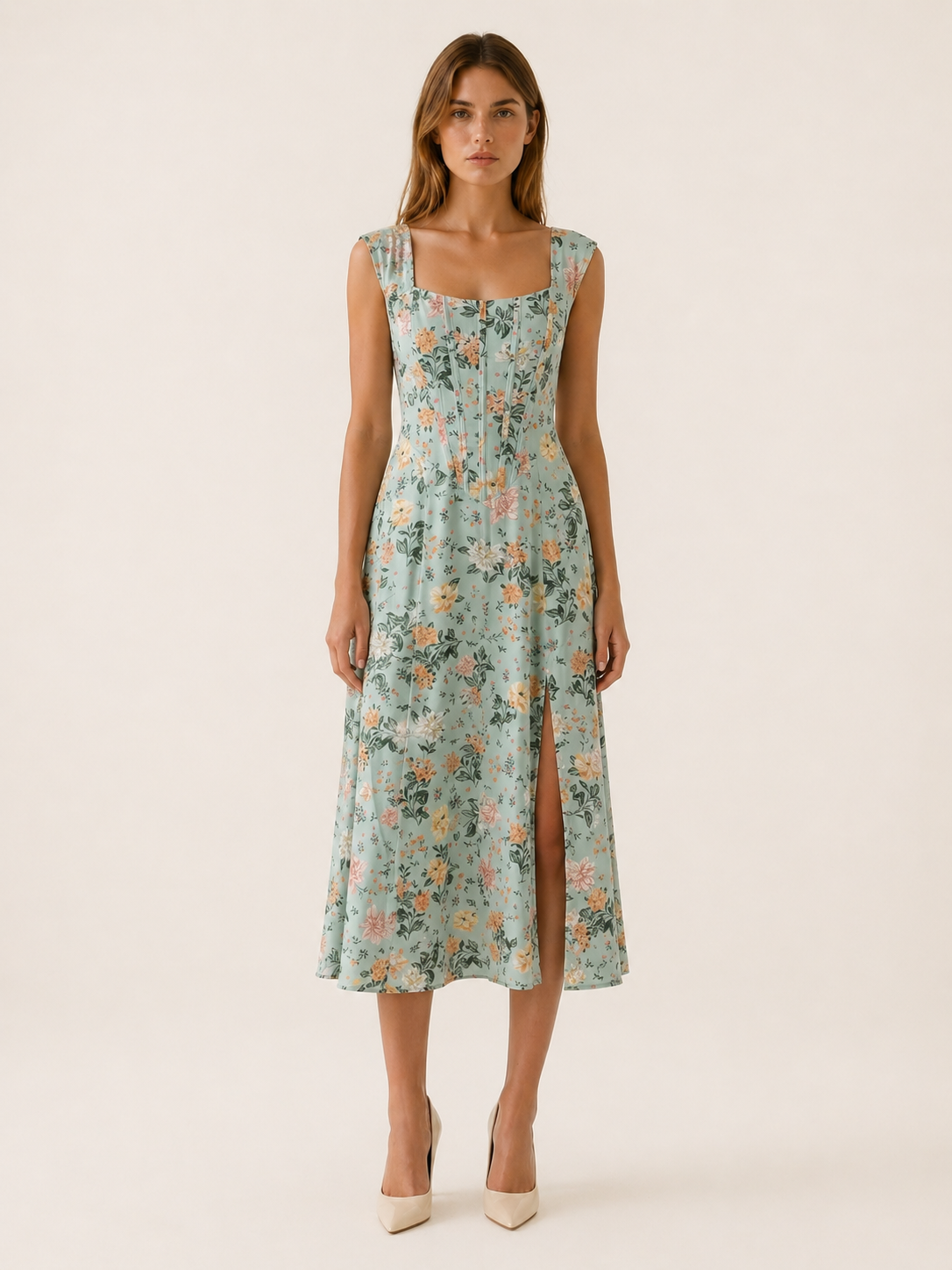 Rosalie | Floral Midi Sundress with Bustier Bodice