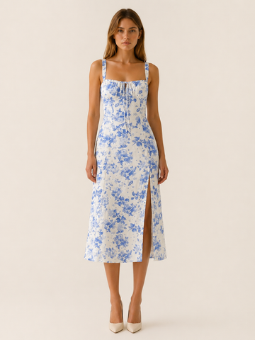 Daphne | Floral Midi Sundress with Lace Up Detail