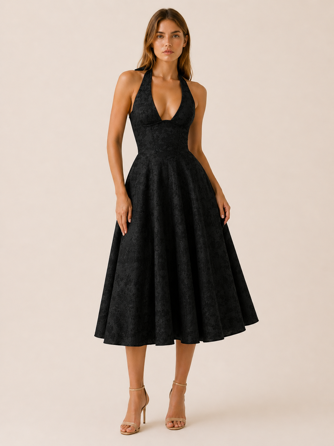 Aria | Halter Neck Midi Dress with Corset Bodice
