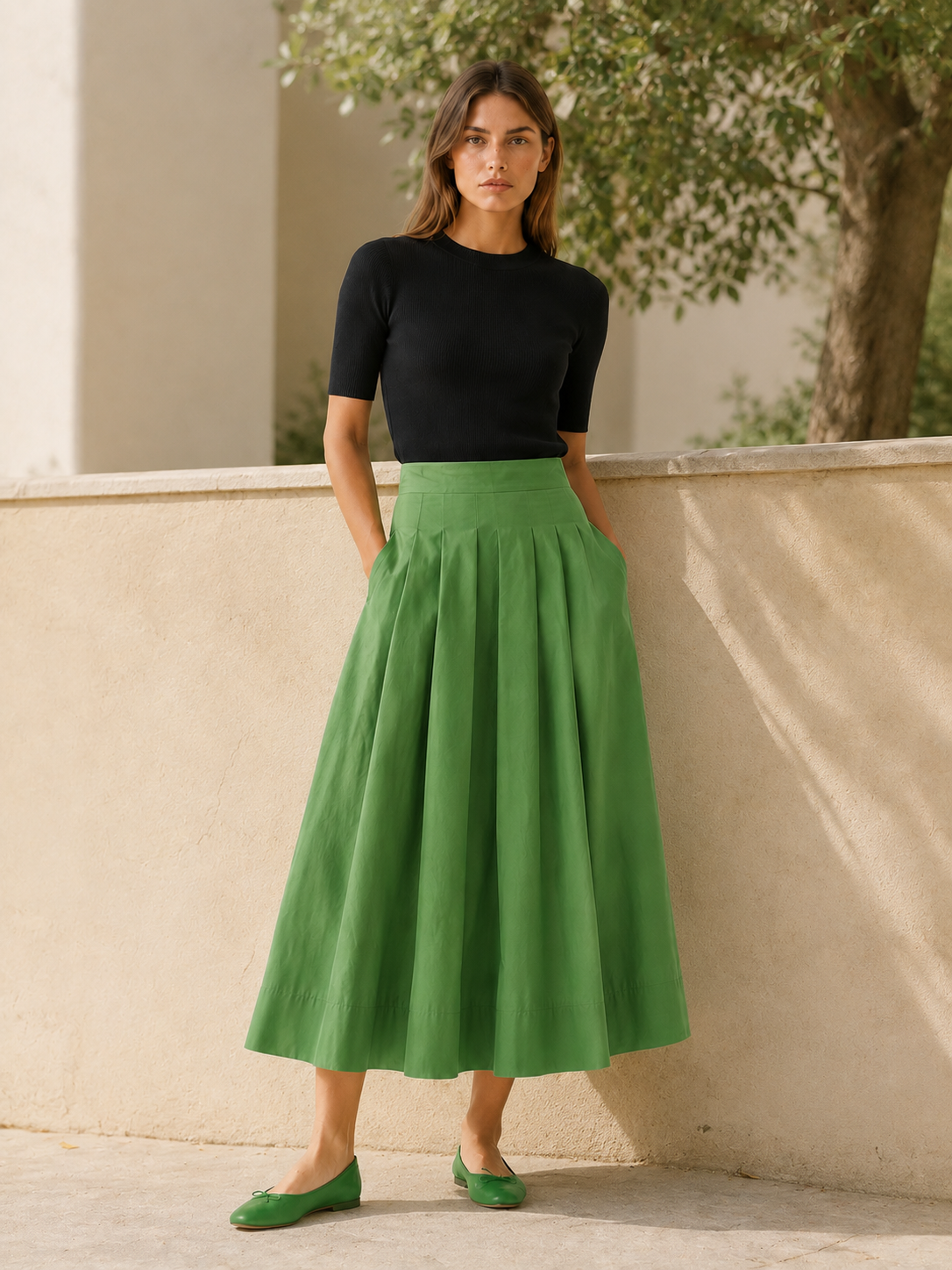 Sophia | High Waist Cotton Skirt with Pockets | Midi Skirt