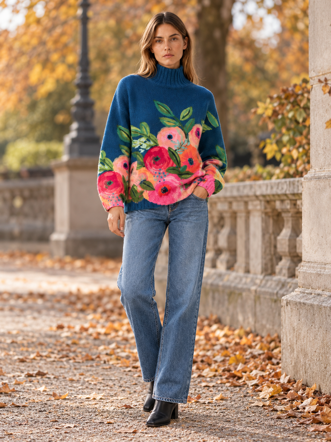 Florentina | Women's Floral Knit Mock Neck Sweater Fall