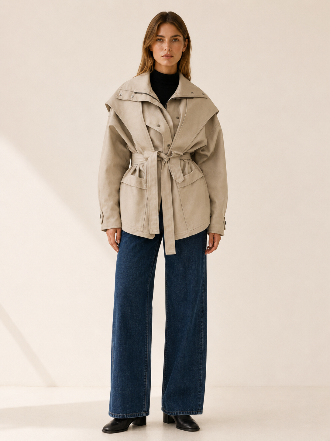 Agathe | Short Trench Coat with Tie Waist and Storm Flap