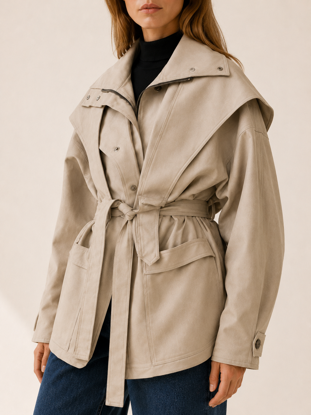 Agathe | Short Trench Coat with Tie Waist and Storm Flap