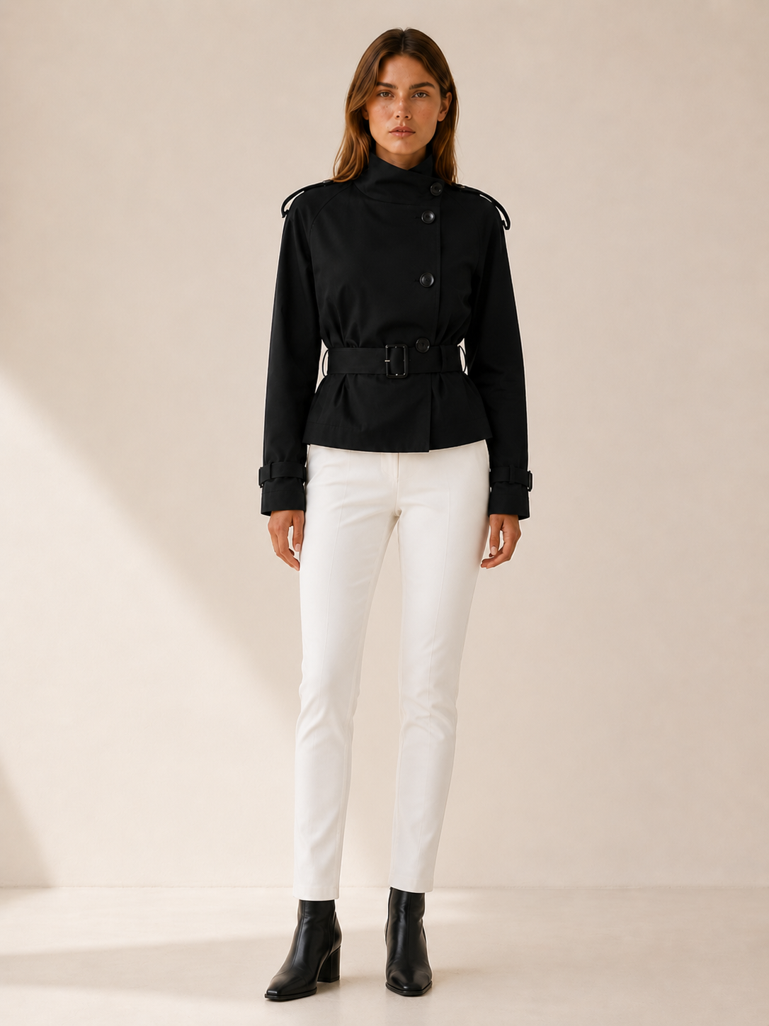 Ailsa | Short Trench Coat with High Collar and Belt