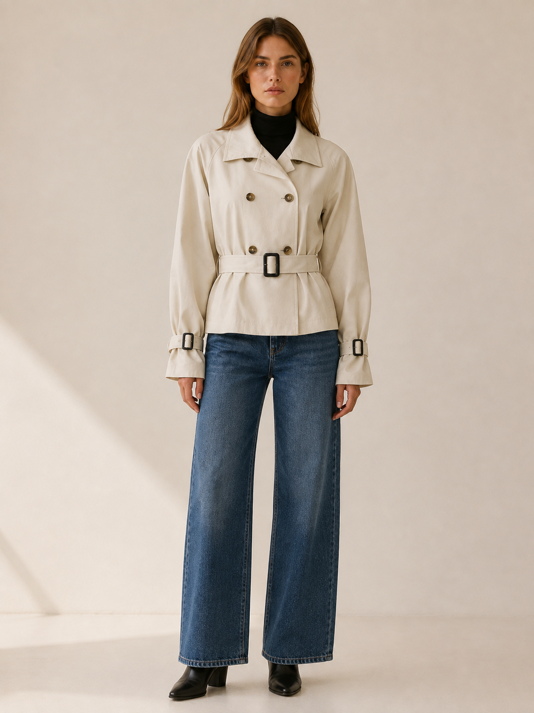 Ailsa | Short Trench Coat with High Collar and Belt