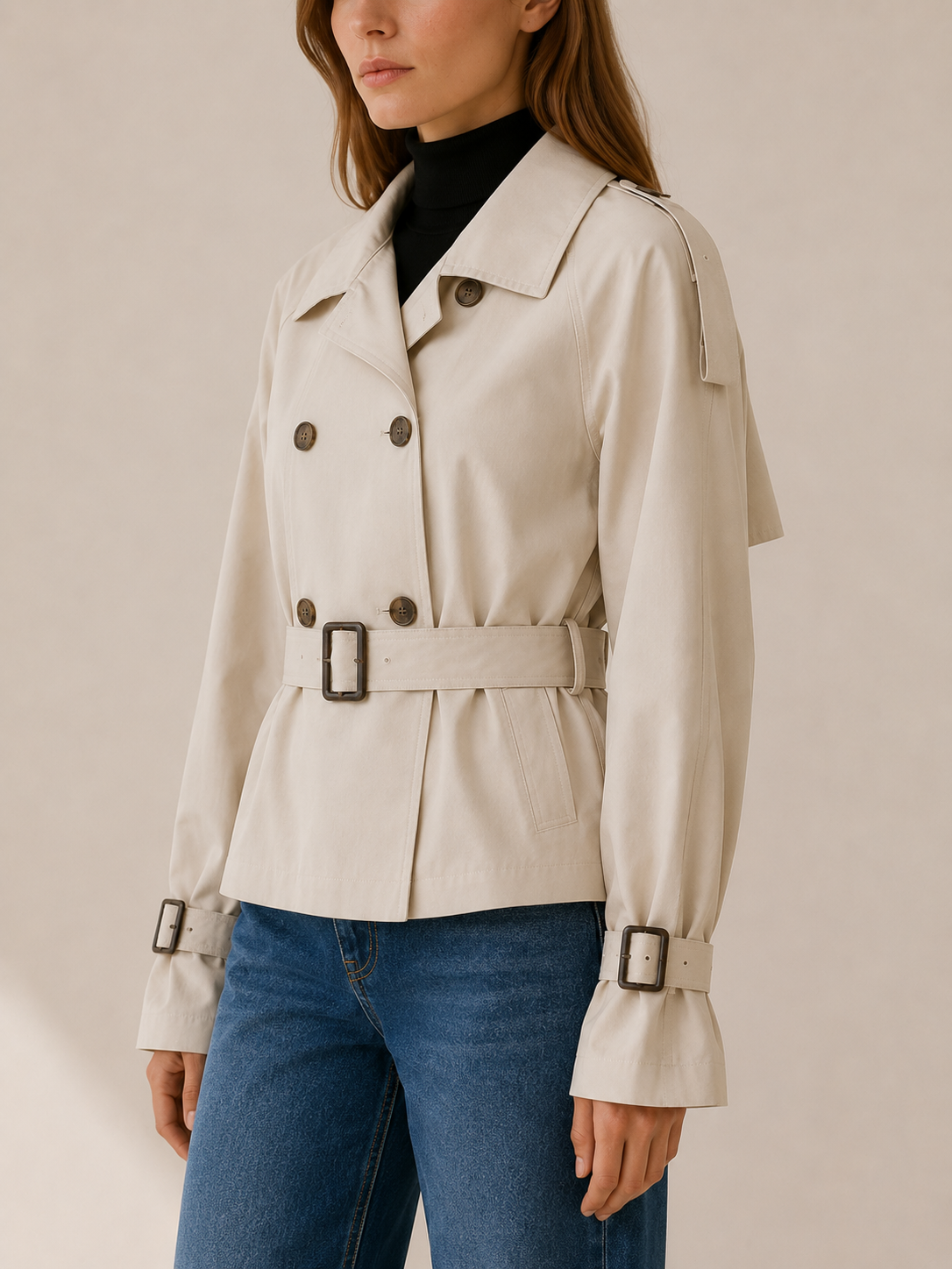 Ailsa | Short Trench Coat with High Collar and Belt