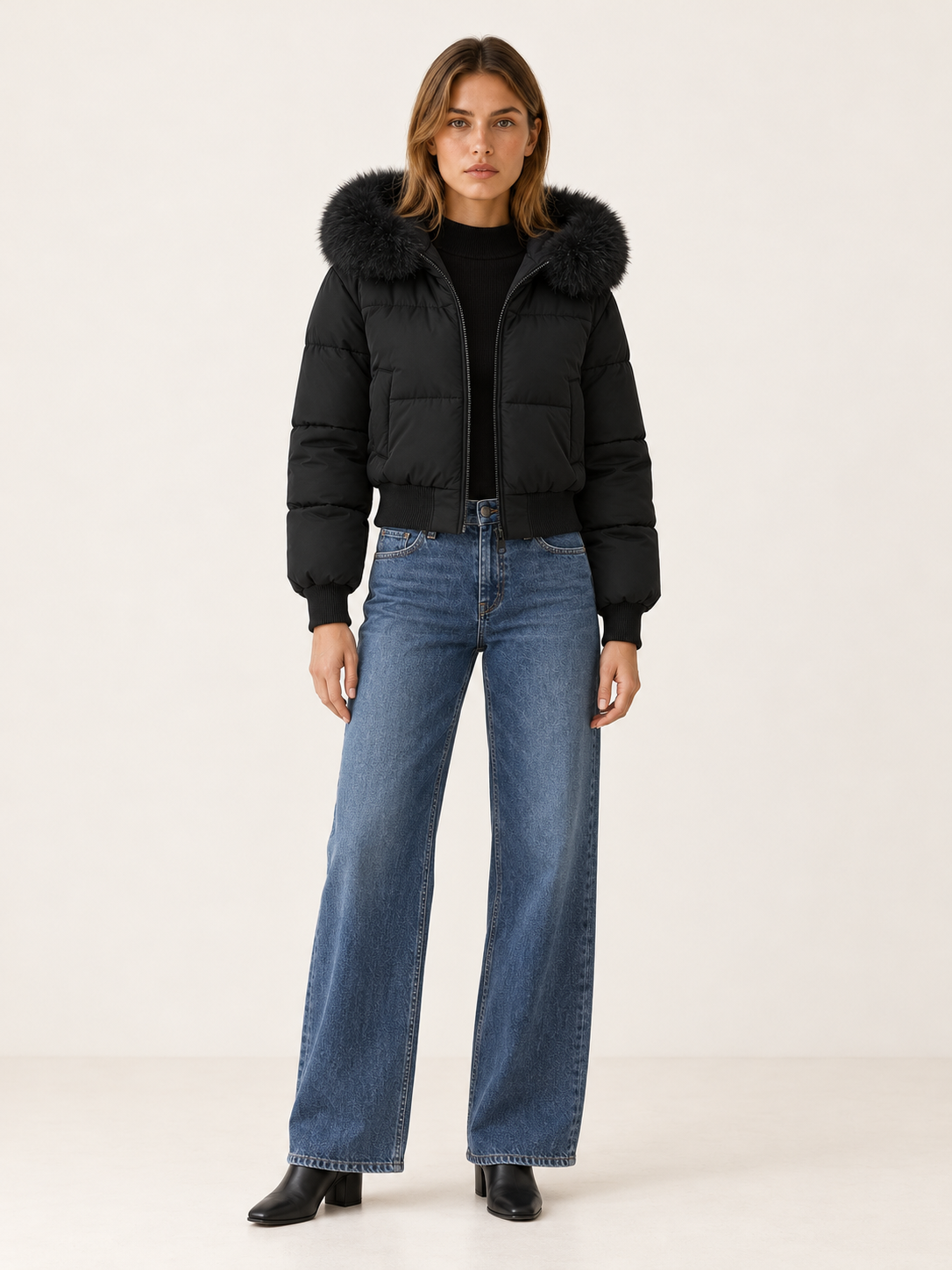 Alanna | Women's Cropped Faux Fur Trim Puffer Jacket Winter