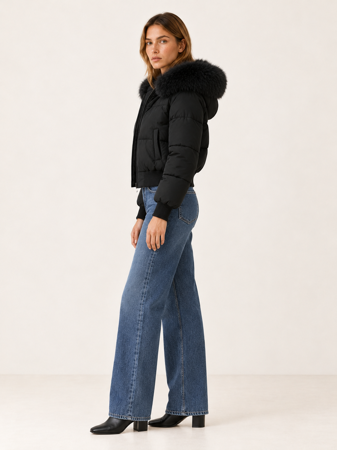 Alanna | Women's Cropped Faux Fur Trim Puffer Jacket Winter