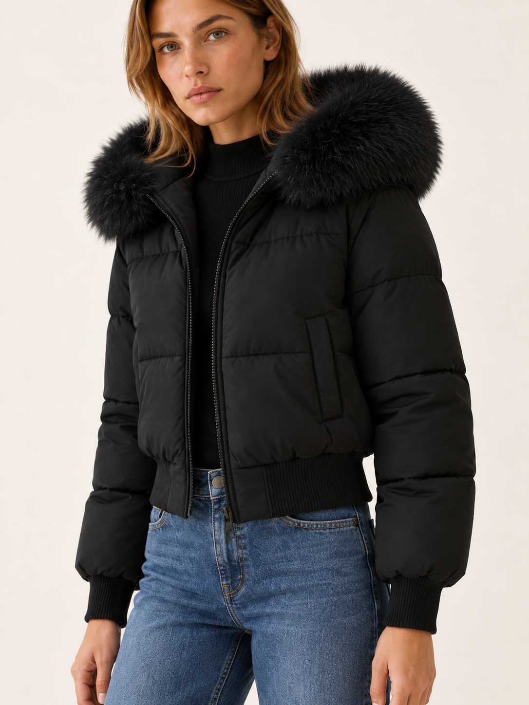 Alanna | Women's Cropped Faux Fur Trim Puffer Jacket Winter