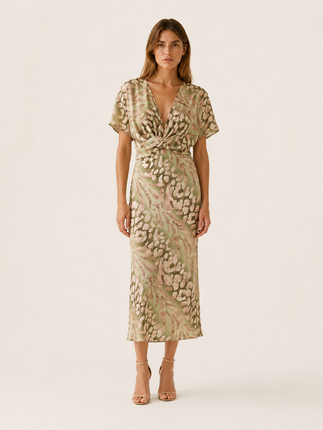 Alma | Floral Midi Dress with V Neck and Pleated Skirt