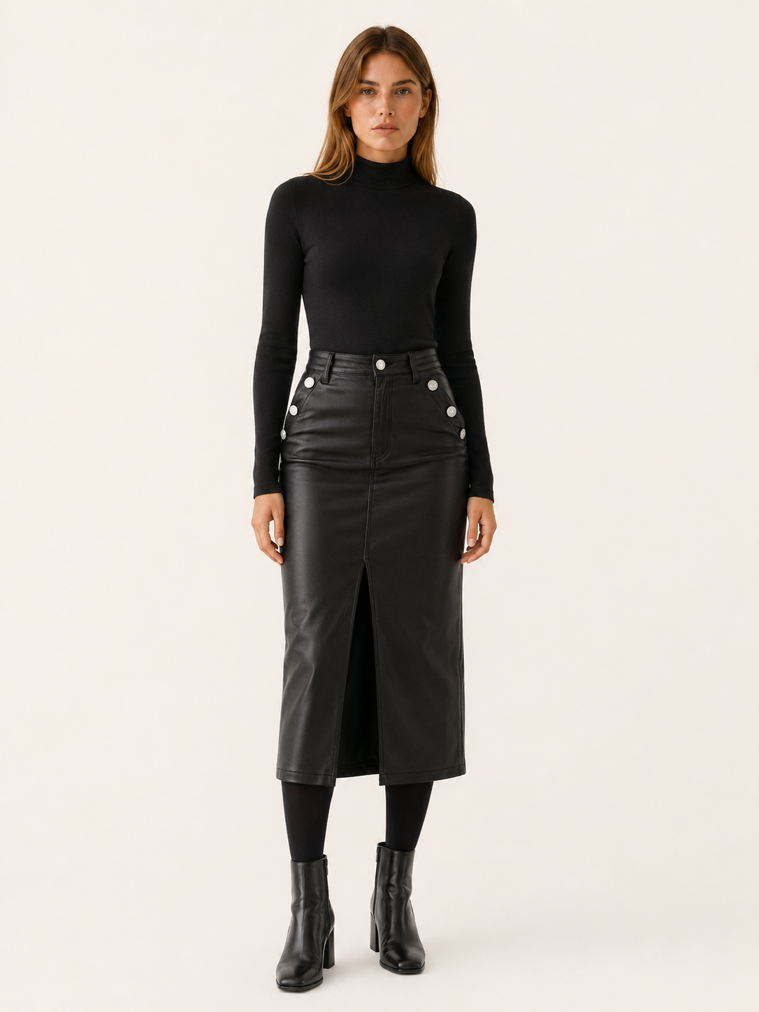 Alvara | Women's Leather-Look Midi Skirt with Front Slit