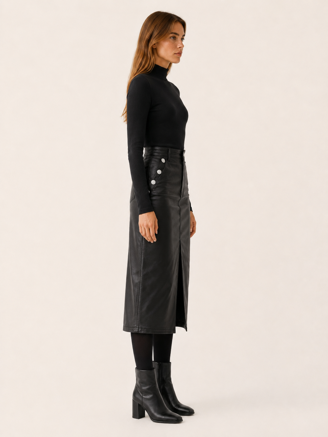Alvara | Women's Leather-Look Midi Skirt with Front Slit