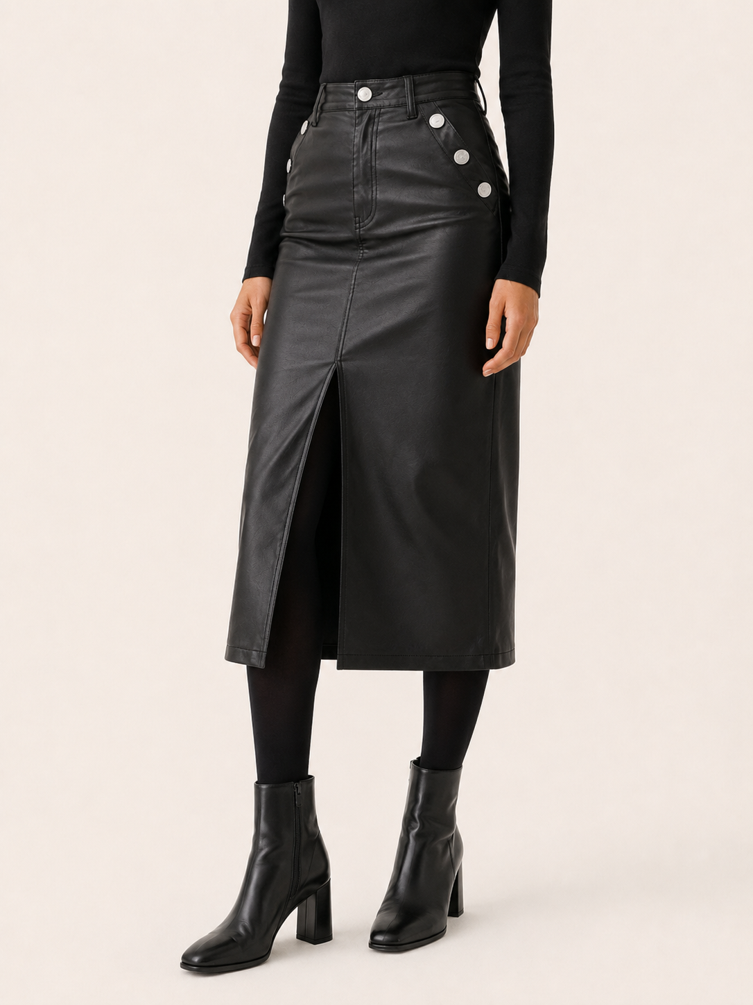 Alvara | Women's Leather-Look Midi Skirt with Front Slit