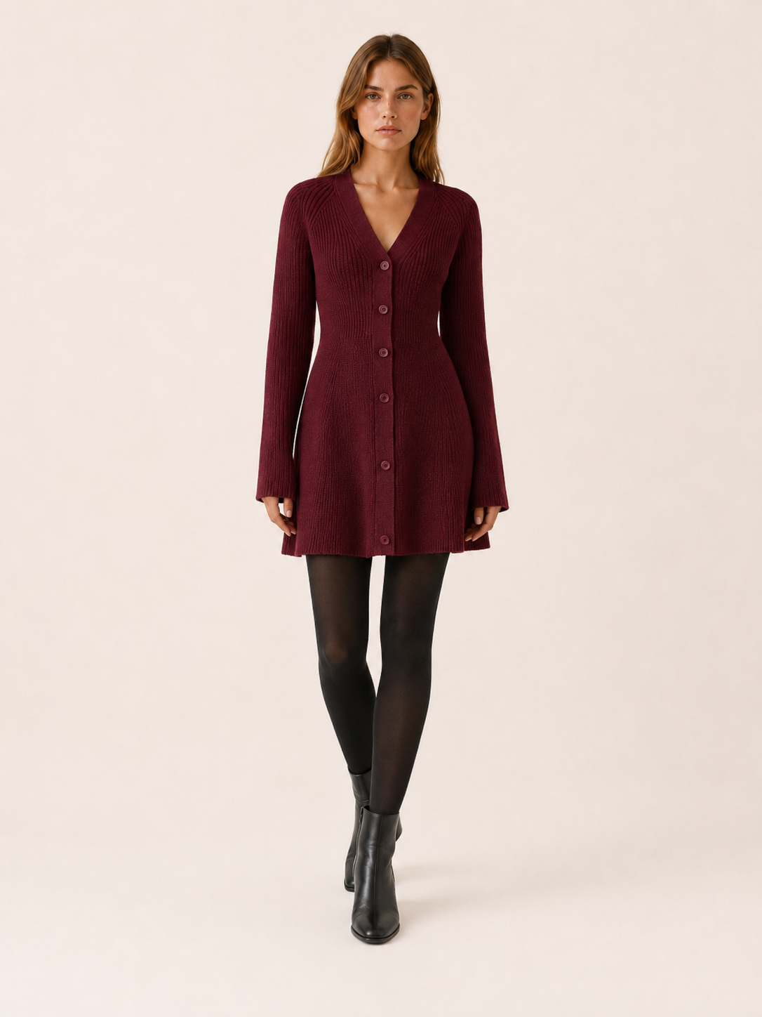 Amoret | Sweater Dress with Button Front and V-Neck