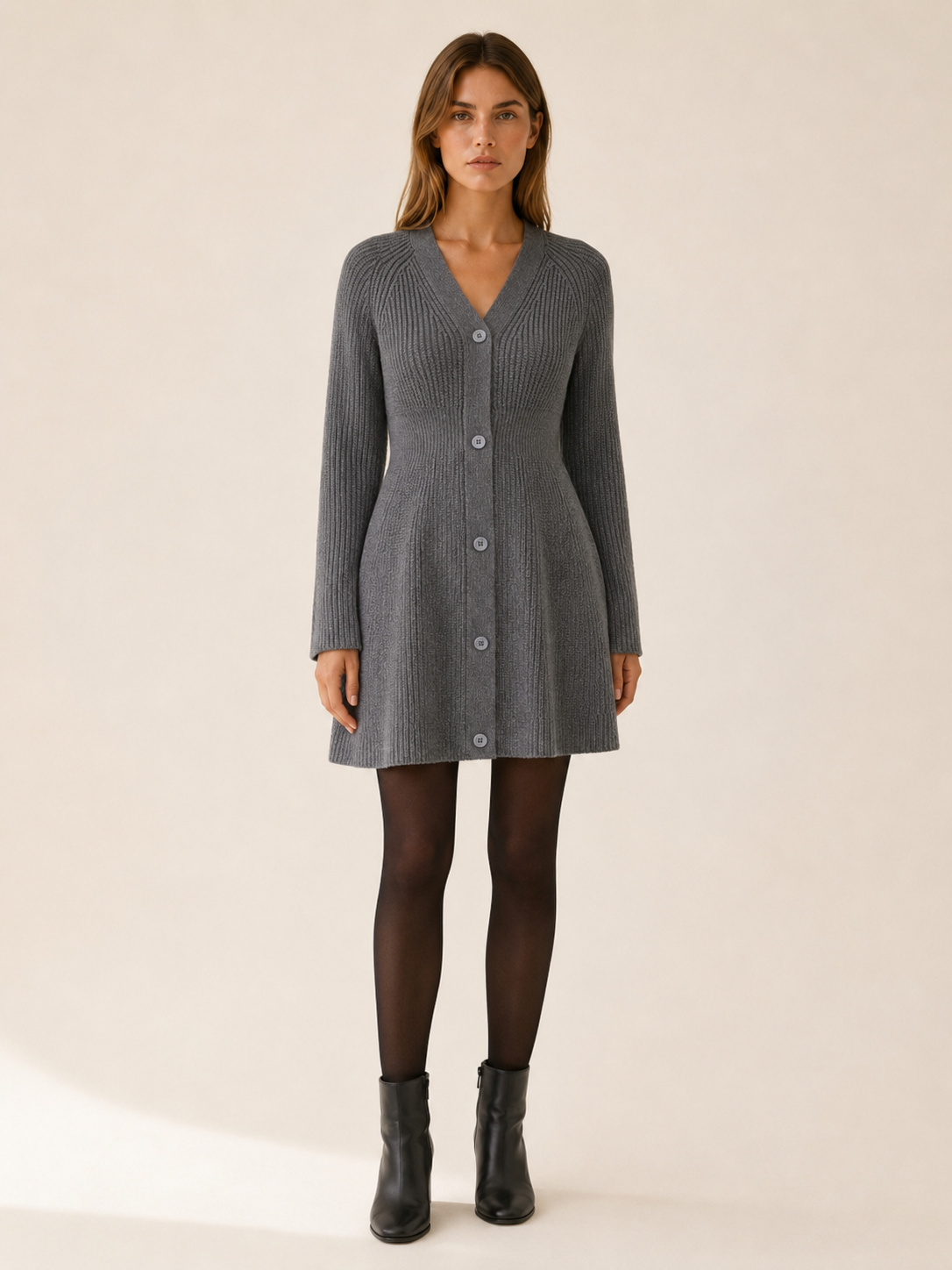 Amoret | Sweater Dress with Button Front and V-Neck