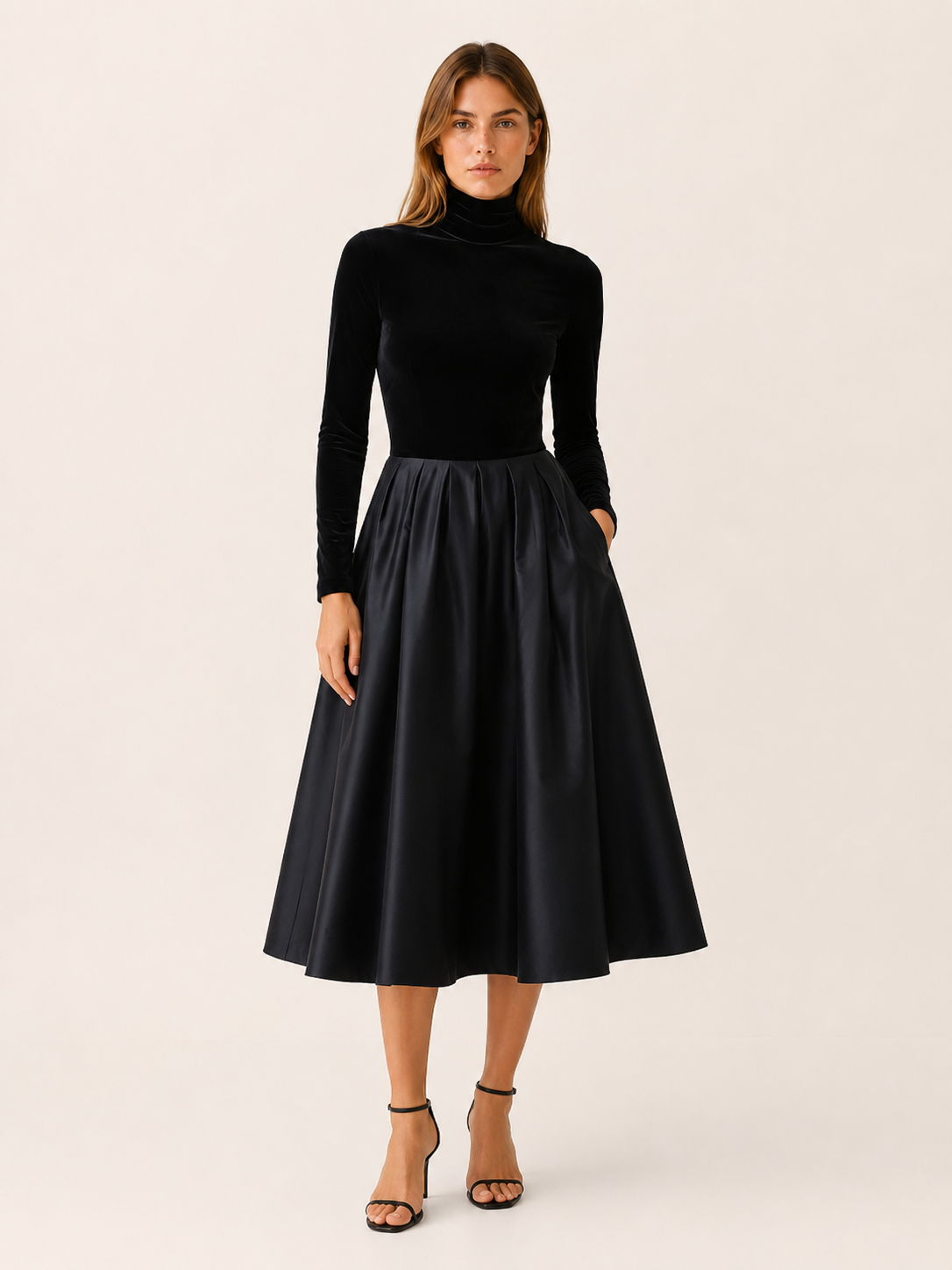 Annelise | Velvet Midi Dress with Satin Skirt