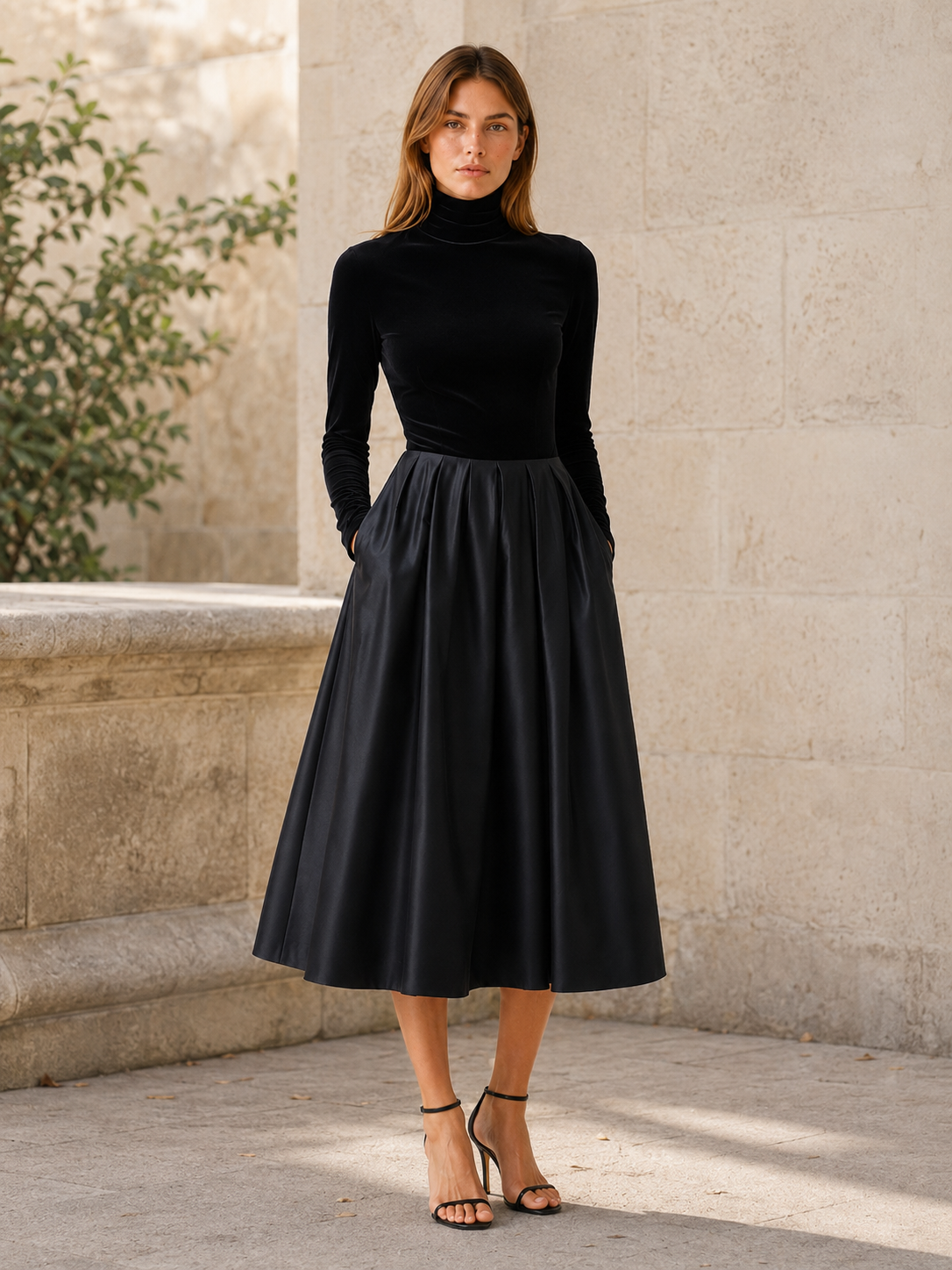 Annelise | Velvet Midi Dress with Satin Skirt
